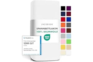 Jacobson Jersey Spannbettlaken Spannbetttuch Baumwolle Bettlaken (180x200-200x200 cm, Weiss)