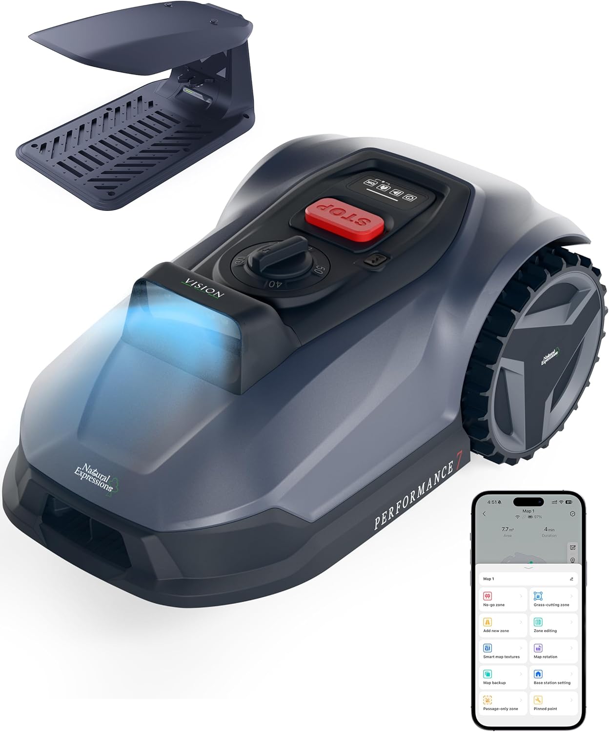 Performance 7 Mähroboter ohne Begrenzungskabel mit Garage, 500m² Rasenmäher kein RTK mit Vision 3.0  Herstellerbild